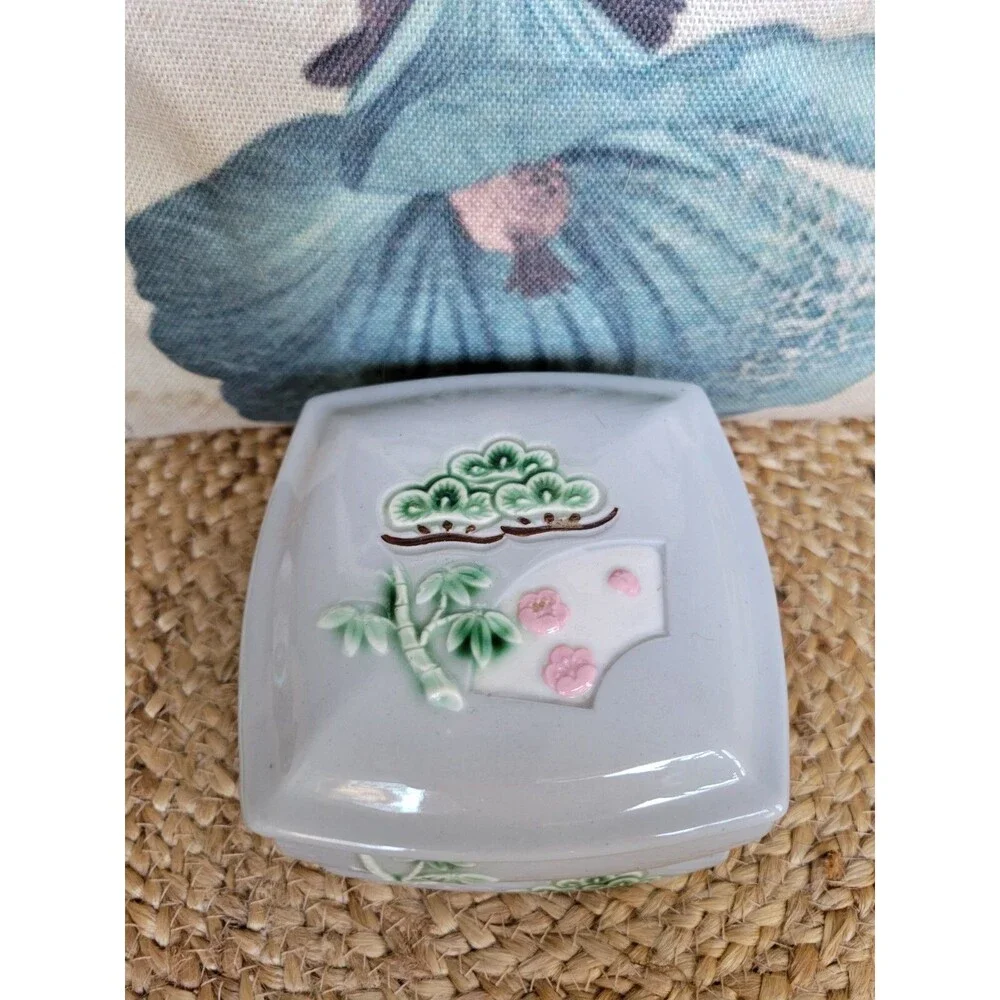 Asian Hand Painted Embossed Ceramic Stacking Boxes with Lid